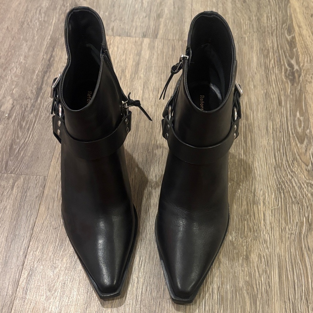 Reformation Black Leather Pointed Ankle Boots with removable harness